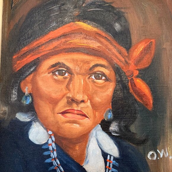 Framed Native American Portrait Wilson One Salt Navajo Signed O.W. Oil Painting - Picture 3 of 6